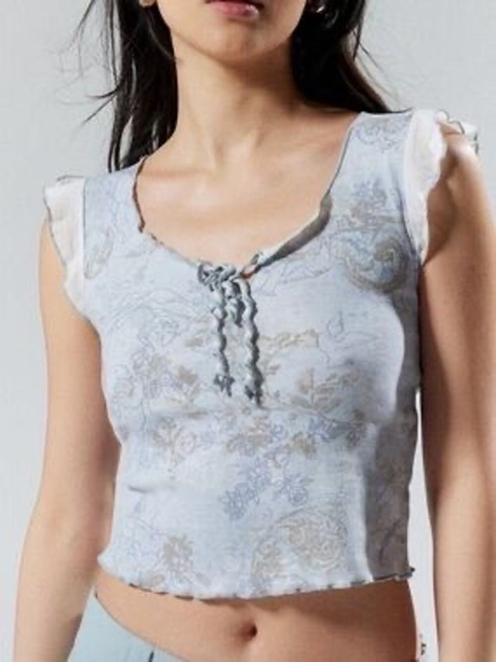 Kimchi Blue UO Flutter Sleeve Blue Print Y2K Fairy Crop Top Women’s Small NEW